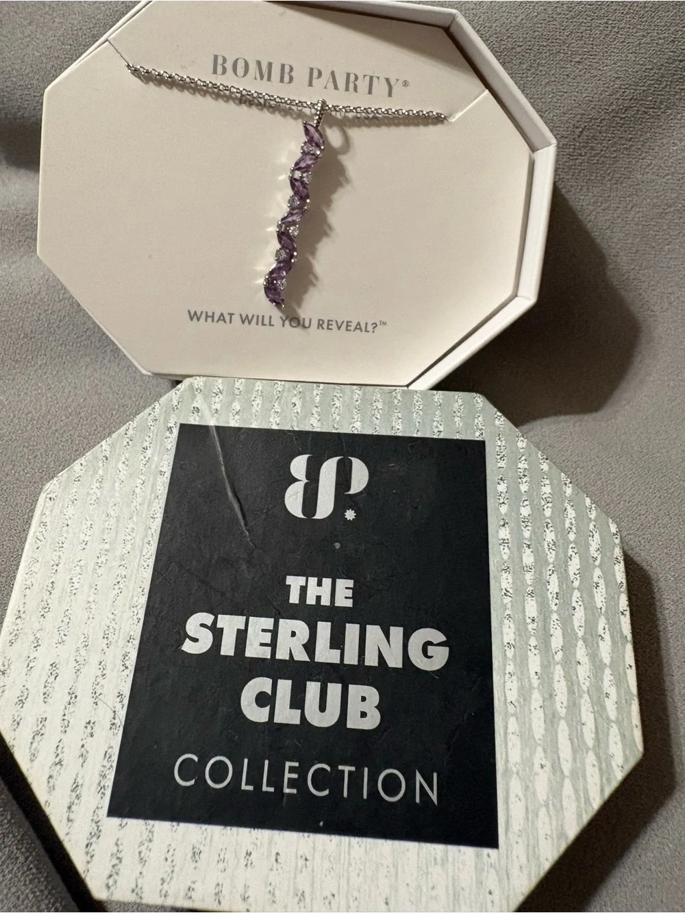 Purple Marquise & Clear Crystal Pendant Necklace new with box.